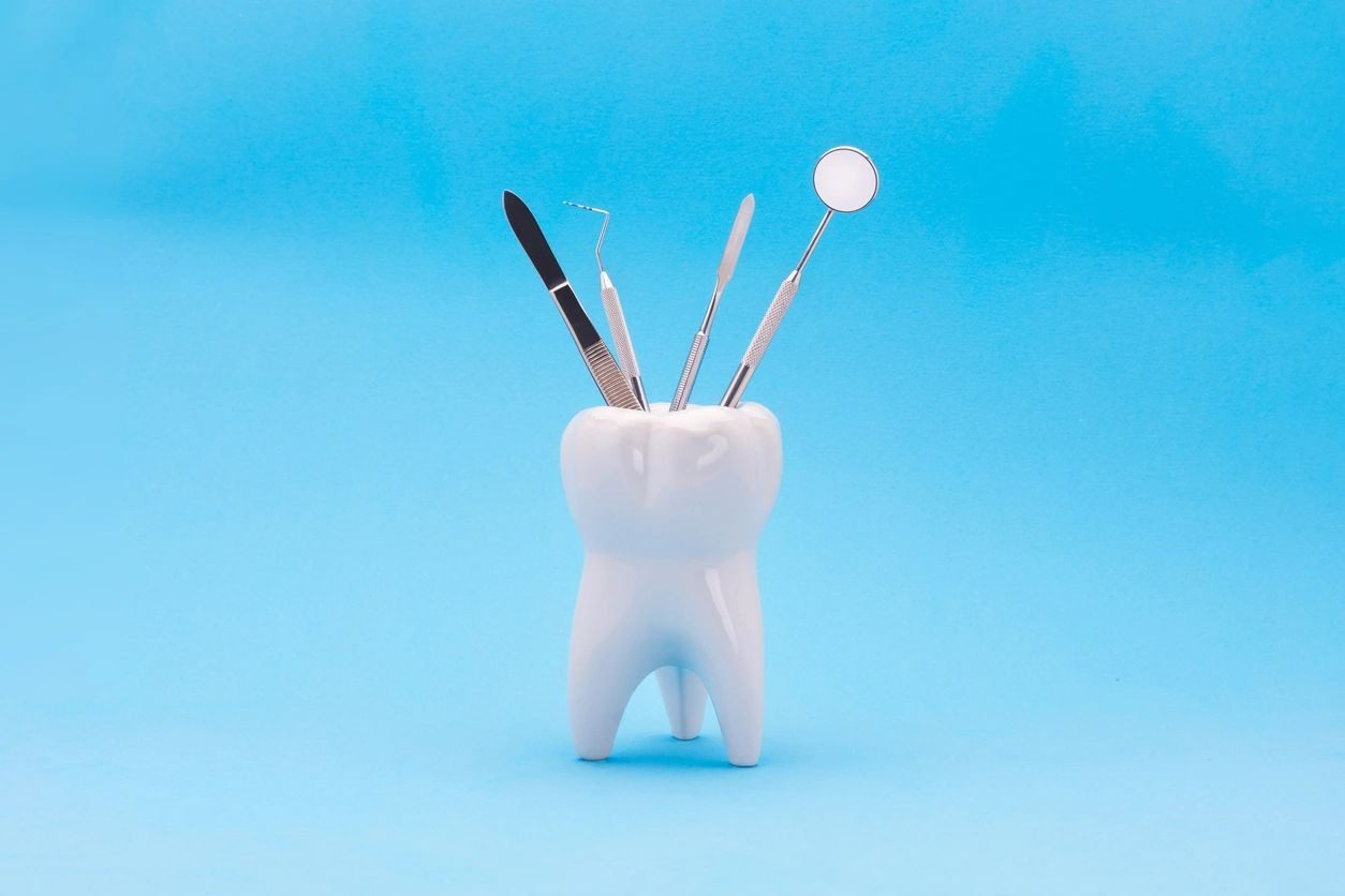 Dental equipment placed inside a white tooth